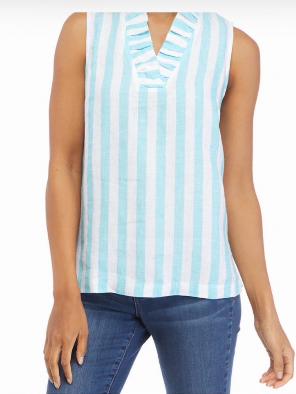 Aqua and White Striped Ruffle V-Neck Sleeveless Top